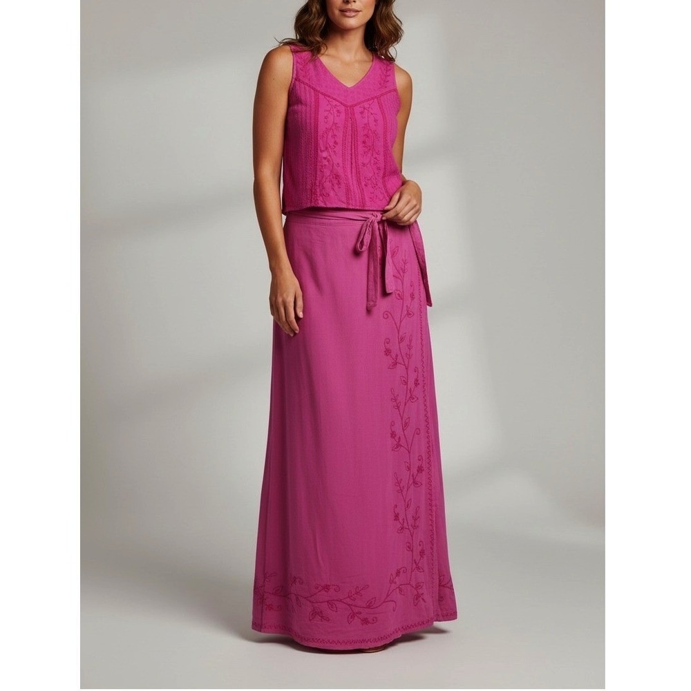 Boho Pink Floral Embroidered 2 Piece Set Tank and Maxi Skirt Large Fuchsia